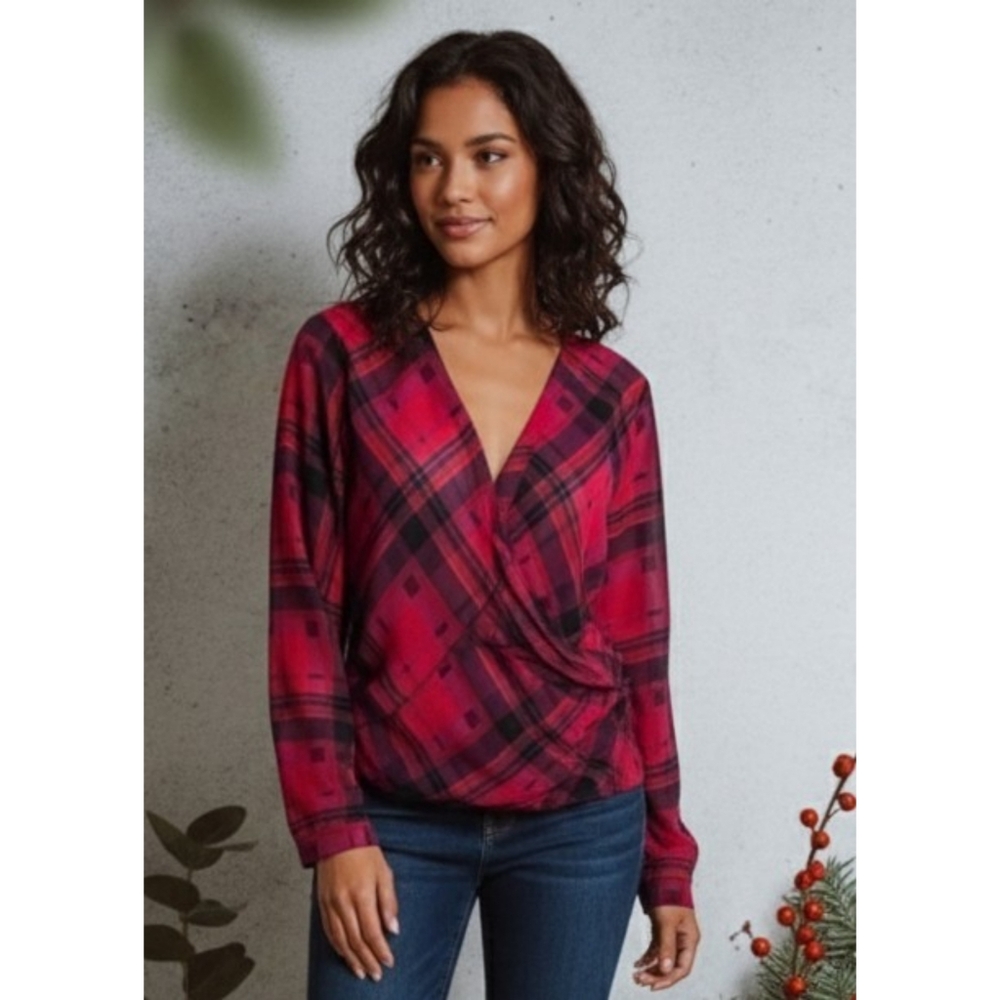 Loft Sheer Wrap Front Blouse Red & Pink Size L
